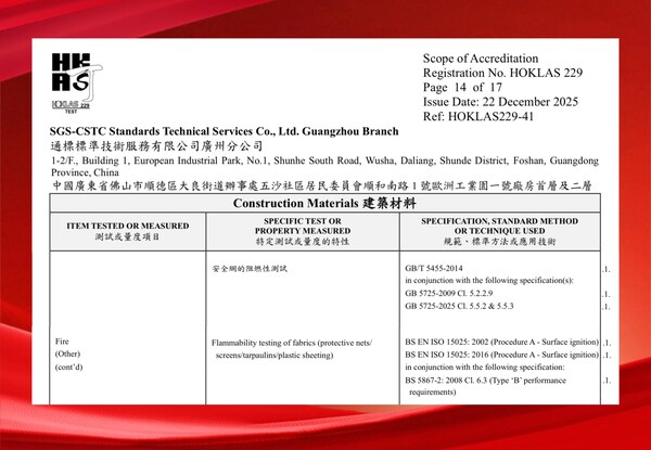 SGS坠落防护安全网阻燃测试能力获香港HOKLAS认可 SGS坠落防护安全网阻燃测试能力获香港HOKLAS认可
